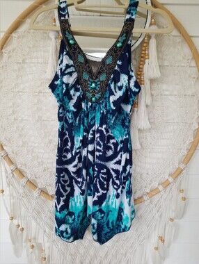 Batik Teal Blue Embellished Handkerchief hem V-Neck Print Top Size Medium